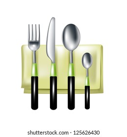 fork, knife and spoons on napkin isolated on white