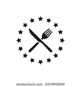 Horquilla y cuchillo con icono de círculo estrella estilo plano aislado en fondo blanco. Ilustración del vector