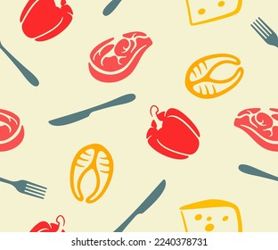 Fork and knife, steak, fish, cheese and bell pepper, seamless vector background, pattern. Food, meal, meat and vegetable, cooking, cuisine and kitchen, graphic and vector design