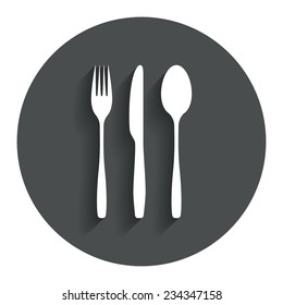 Fork, knife, tablespoon sign icon. Cutlery collection set symbol. Gray flat button with shadow. Modern UI website navigation. Vector