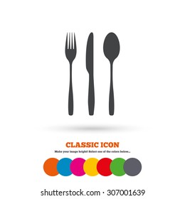 Fork, knife, tablespoon sign icon. Cutlery collection set symbol. Classic flat icon. Colored circles. Vector