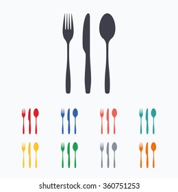 Fork, knife, tablespoon sign icon. Cutlery collection set symbol. Colored flat icons on white background.
