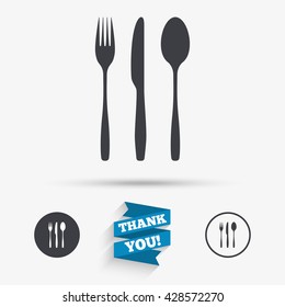 Fork, knife, tablespoon sign icon. Cutlery collection set symbol. Flat icons. Buttons with icons. Thank you ribbon. Vector