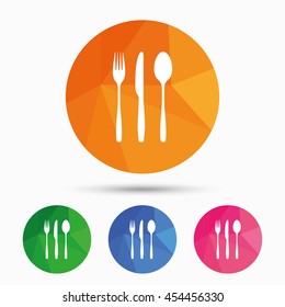 Fork, knife, tablespoon sign icon. Cutlery collection set symbol. Triangular low poly button with flat icon. Vector
