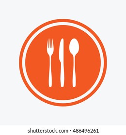 Fork, knife, tablespoon sign icon. Cutlery collection set symbol. Graphic design element. Flat cutlery symbol on the round button. Vector