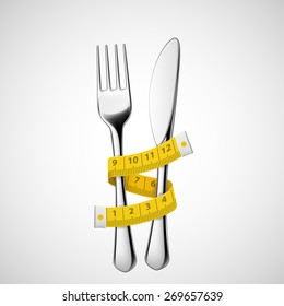 Fork and knife tied measuring tape. Vector image.