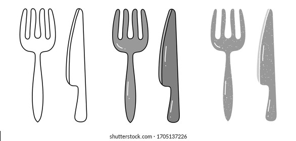 diseño vectorial de bifurcación y cuchillo. blanco y negro. mano digital dibujada. textura de grano