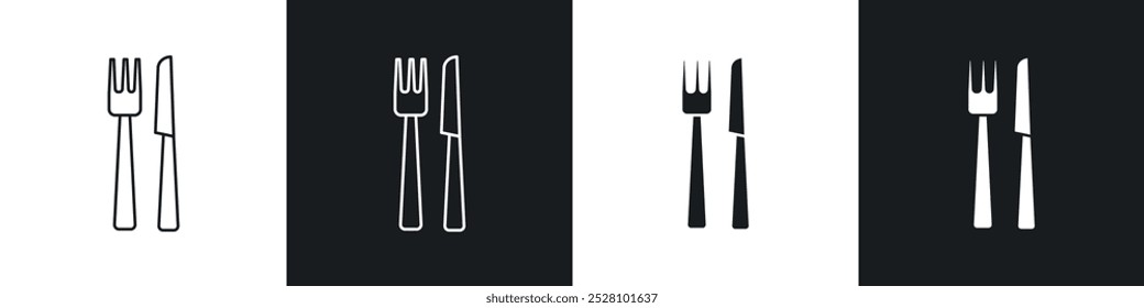 Ícone vetorial de bifurcação e faca definido em preto e branco