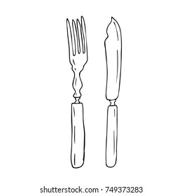 Fork and knife vector illustration. Doodle style. Design, print, logo, decor, textile, paper.