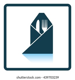 Fork and knife wrapped napkin icon. Shadow reflection design. Vector illustration.