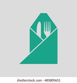 Fork And Knife Wrapped Napkin Icon. Gray Background With Green. Vector Illustration.