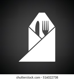 Fork and knife wrapped napkin icon. Black background with white. Vector illustration.