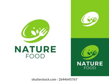 fork and leaf circle logo. health nature fast food vector design concept