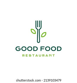 fork and leaf for healthy food restaurant logo design