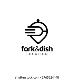 Fork with Lid Dome Cover and GPS Pointer Pin for Restaurant Food Drink Address Location Delivery Order logo icon design