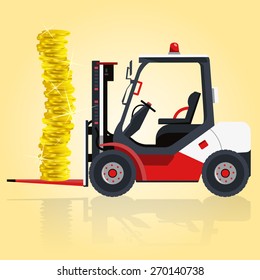 Fork Lift Red Transports Golden Coins Illustration For Financial Presentation Ground Works Flatten Isolated Illustration Vector