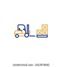 Fork lift truck loader, pallet with stacked boxes, warehouse storage services, asset relocation, vector mono line icon