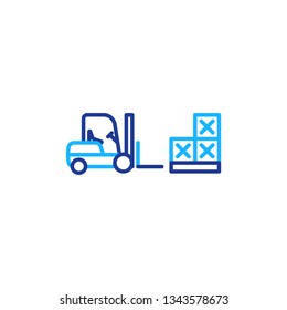 Fork lift truck loader, pallet with stacked boxes, warehouse storage services, asset relocation, vector mono line icon