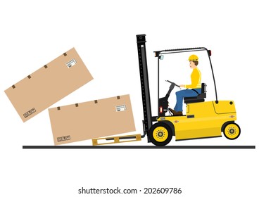 Fork lift truck while working on a white background. Vector 