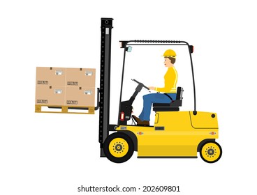 Fork lift truck while working on a white background. Vector 