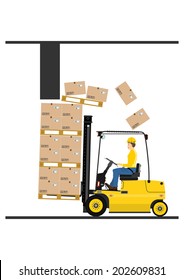Fork lift truck while working on a white background. Vector 
