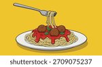 A fork lifts a portion of spaghetti with meatballs and tomato sauce from a white plate, garnished with basil leaves.