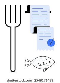 Bifurcação, lista com uma marca de verificação e peixes exibem elementos culinários. Ideal para cozinhar, planejar receitas, gastronomia, nutrição e preparação de alimentos. Estilo de vetor minimalista com cores pretas e azuis