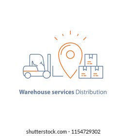 Fork loader, pallet with stacked boxes, distribution warehouse, supply storage service, logistics company, freight load, vector line icon thin stroke