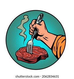 a fork in a meat steak. The finished dish. rustic food