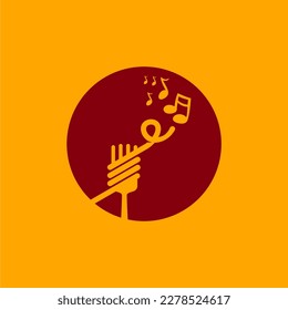 Fork nodle logo with song icon circle red, yellow background vector design template