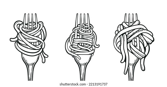 Fork with noodle pasta illustration set. Eating spaghetti using fork vector design