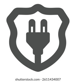 Fork on safety emblem solid icon, electrical service concept. Vector graphics. Protection shield with plug and cord sign on white background, glyph style icon for mobile or web design