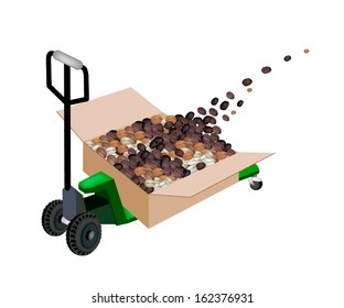 Fork Pallet Truck Loading Cardboard Boxes full with Roasted Coffee Beans Stack Isolated on White Background, Ready for Shipping or Delivery.  