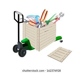 Fork Pallet Truck Loading Carpenter Craft Tools, Axe, Eyelet Punch, Rasp and Awl, Ready for Shipping or Delivery.  