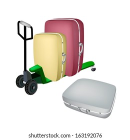 Fork Pallet Truck Loading Luggage or Travel Suitcases Isolated on White Background, For Traveling Around The World..  