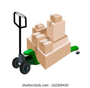 Fork Pallet Truck Loading A Stack of Sealed Cardboard Boxes Isolated on White Background, Ready for Shipping or Delivery.  