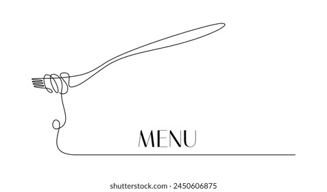 Fork with pasta in One Continuous line drawing. Italian spaghetti noodle for menu design and food delivery service in simple linear style. Editable stroke. Doodle Vector illustration