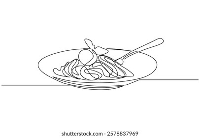 Fork with pasta in One Continuous line drawing. Italian spaghetti noodle for web banner and food, Pasta spaghetti noodle with fork in one continuous single line style isolated on white background.