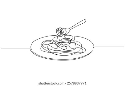 Fork with pasta in One Continuous line drawing. Italian spaghetti noodle for web banner and food, Pasta spaghetti noodle with fork in one continuous single line style isolated on white background.