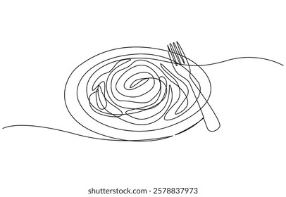 Fork with pasta in One Continuous line drawing. Italian spaghetti noodle for web banner and food, Pasta spaghetti noodle with fork in one continuous single line style isolated on white background.