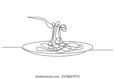 Fork with pasta in One Continuous line drawing. Italian spaghetti noodle for web banner and food, Pasta spaghetti noodle with fork in one continuous single line style isolated on white background.