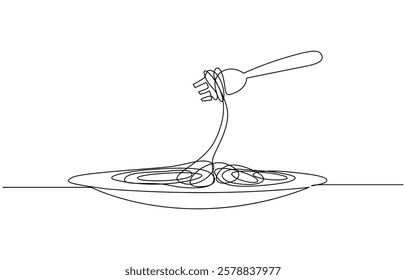 Fork with pasta in One Continuous line drawing. Italian spaghetti noodle for web banner and food, Pasta spaghetti noodle with fork in one continuous single line style isolated on white background.