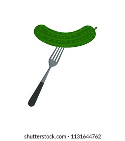 Fork with pickled cucumber. Salty snacks used to eat in winter or during special occasion while drinking. Russian canned food vector illustration