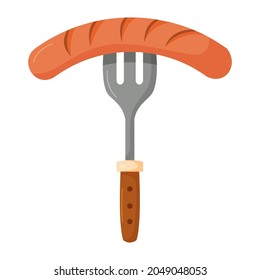 Fork with a pinned sausage. Oktoberfest decoration element. Flat vector illustration isolated on white background.