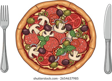 garfo, pizza, vetor, faca, comida, prato, desenho animado, isolado, design, logotipo, pizzaria, fatia, ícone, ilustração, salame, cozinha, pepperoni, manjericão, almoço, jantar, desenho, tomates, menu, del