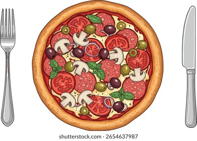 garfo, pizza, vetor, faca, comida, prato, desenho animado, isolado, design, logotipo, pizzaria, fatia, ícone, ilustração, salame, cozinha, pepperoni, manjericão, almoço, jantar, desenho, tomates, menu, del
