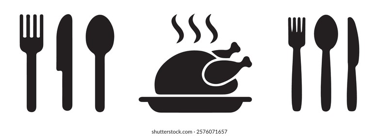 Fork And Plate Dinner Set. Rooster chicken chick icon. Grilled chicken. Vector illustration EPS 10