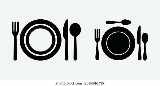 Fork and Plate Icon Silhouette. Dining Plate and Fork Silhouette. Food Plate and Fork Silhouette Icon. Cutlery and Plate Icon Design.