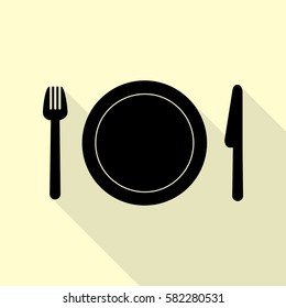 Fork, plate and knife. Black icon with flat style shadow path on cream background.