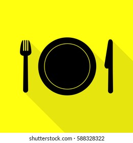 Fork, plate and knife. Black icon with flat style shadow path on yellow background.